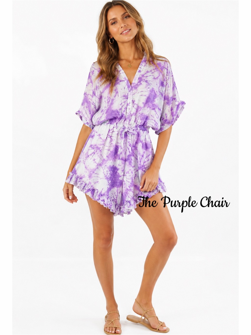 ROCOCO SAND Boho Tie-Dye Ruffle Trim Ava Romper XS
